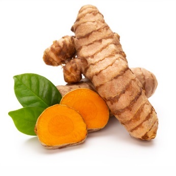 A turmeric root with slices and leaves Description automatically generated